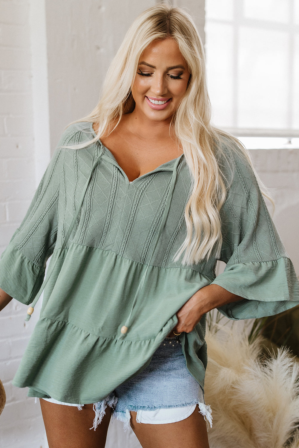 Laurel Green Tie Split Neck Textured Ruffle Patchwork Blouse