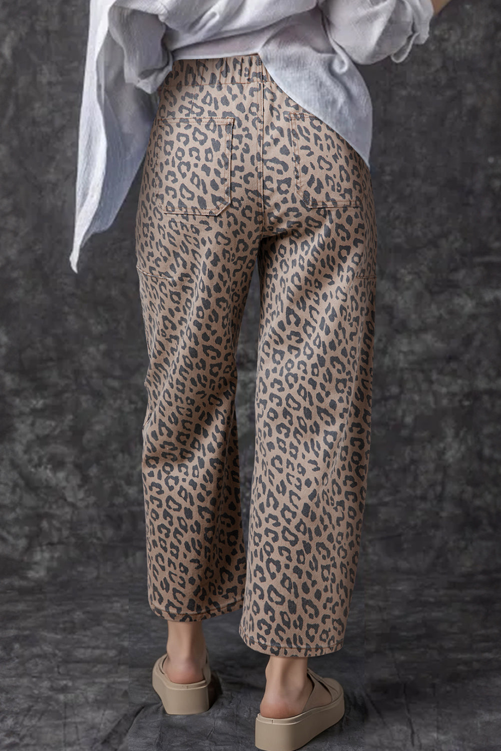 Khaki leopard barrel jeans styled in a relaxed fit