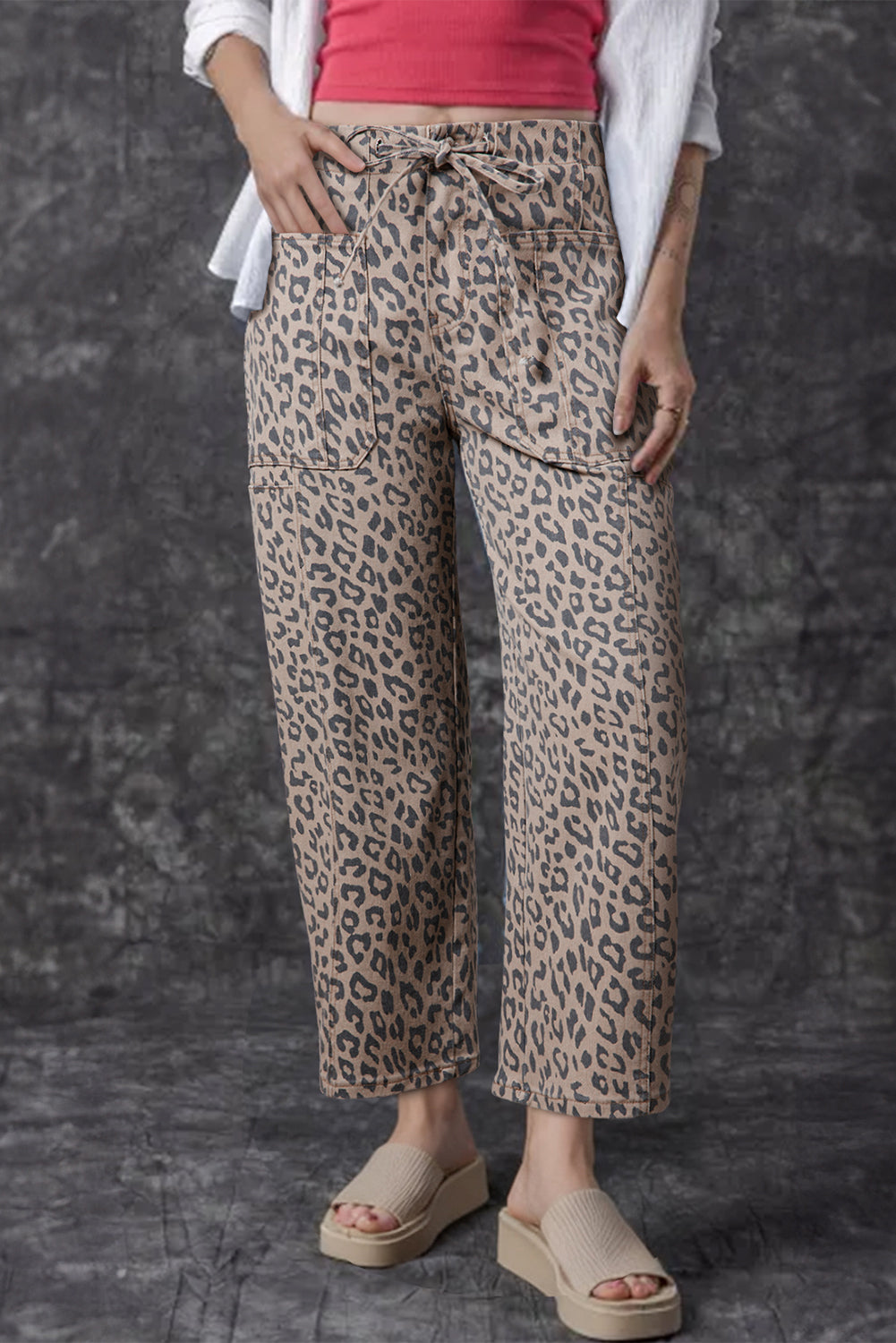 Khaki leopard barrel jeans with a relaxed, cropped silhouette